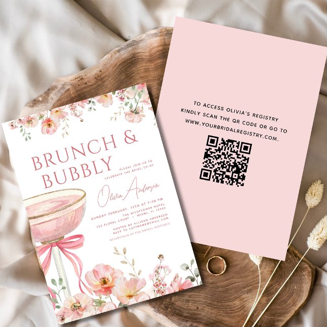 Invitation QR Code Floral Brunch et Fête des mariées Bubbly (Créateur téléchargé)