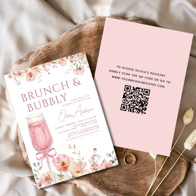 Invitation QR Code Floral Brunch et Fête des mariées Bubbly (Créateur téléchargé)
