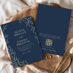 Invitation QR Code Marine bleu et or minimal Mariage feuille