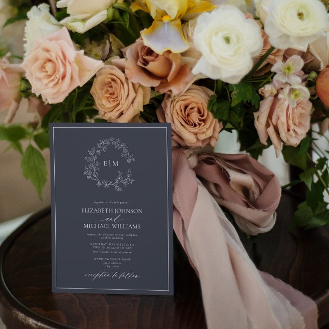 Invitation QR Code Marine Blue Leafy Crest Monogram Mariage (Créateur téléchargé)