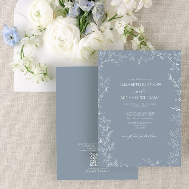 Invitation QR Code Moderne Dusty Bleu Minimal Mariage feuille (Créateur téléchargé)
