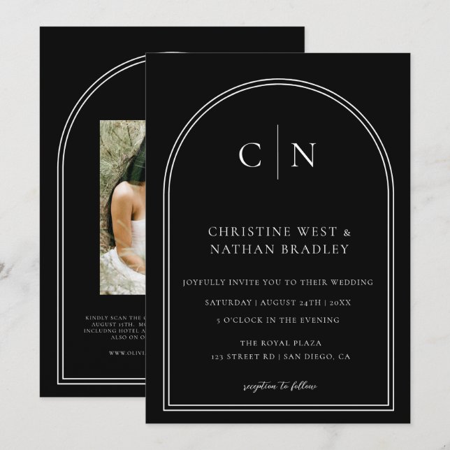 Invitation QR Code Moderne Monogramme Mariage Arche (Devant / Derrière)