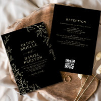 QR Code Moderne Noir & Or Minimal Mariage feuille