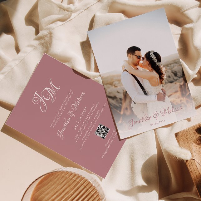 Invitation QR Code Monogramme Script Dusty Rose Mariage photo (Créateur téléchargé)