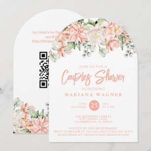 Invitation QR Code Peach Floral Couples Douche