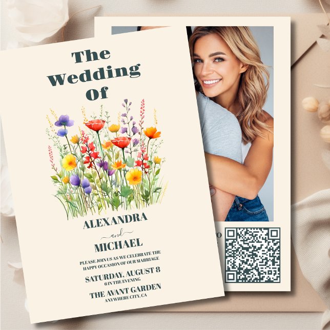 Invitation QR Code Photo Fleur sauvage Mariage Boho Pays (Créateur téléchargé)