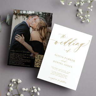Invitation QR code photo moderne élégant mariage or