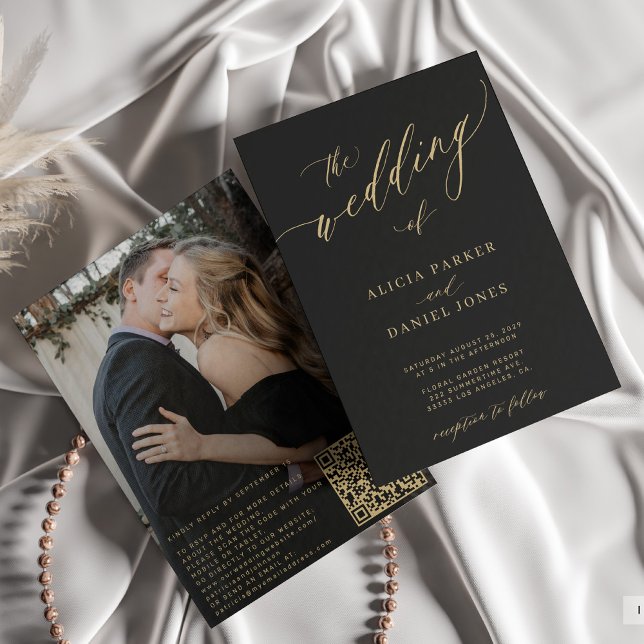 Invitation QR code photo moderne élégant or noir mariage (Créateur téléchargé)
