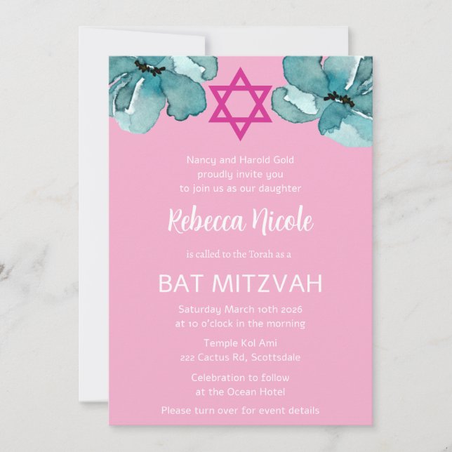 Invitation QR Code Pink Aquarelle Bat mitzvah Floral (Devant)