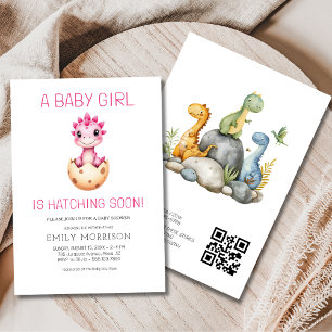 Invitation QR Code Pink Dinosaur Hatching Bientôt Baby shower