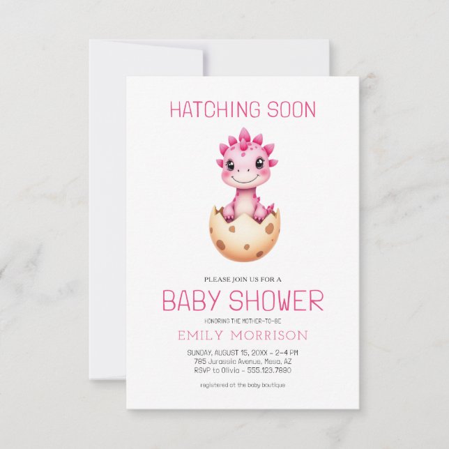 Invitation QR Code Pink Dinosaur Hatching Soon Baby Shower (Devant)