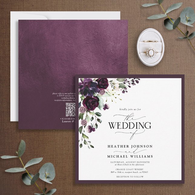 Invitation QR Code Plum violet mauve floral Aquarelle Script (Créateur téléchargé)