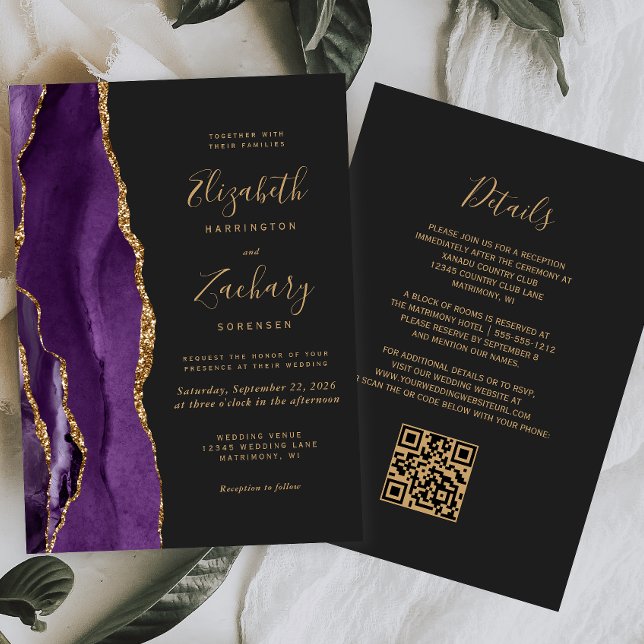 Invitation QR Code Purple Gold Agate Dark Mariage (Créateur téléchargé)