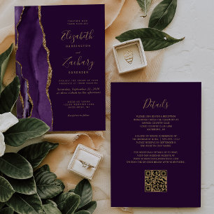 Invitation QR Code Purple Gold Agate Plum Mariage
