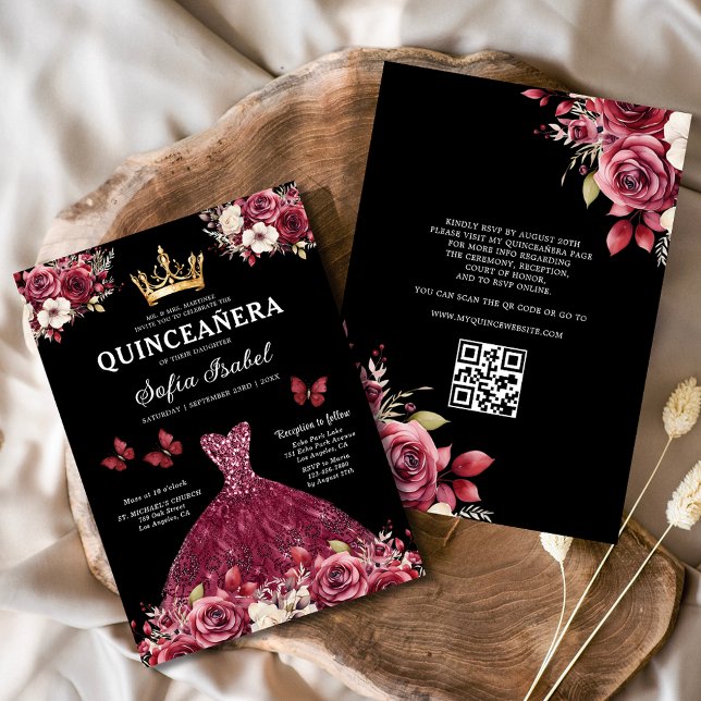 Invitation QR Code Quinceanera Floral Burgundy Princesse (Créateur téléchargé)