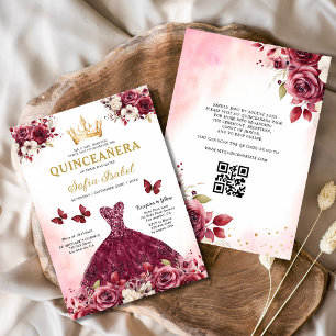 Invitation QR Code Quinceanera Floral Burgundy Princesse