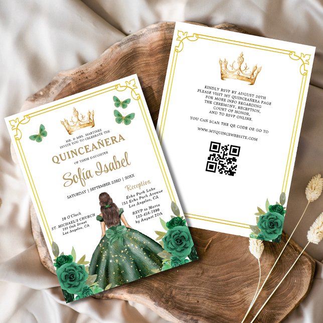 Invitation QR Code Quinceanera Floral Emerald Gold Vert (Créateur téléchargé)