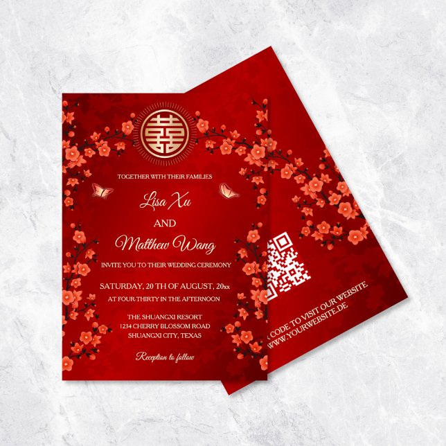 Invitation QR Code Red Cherry Blossom | Mariage chinois (Créateur téléchargé)