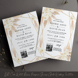 Invitation QR Code Roses blanches Pampas Mariage en or laiton