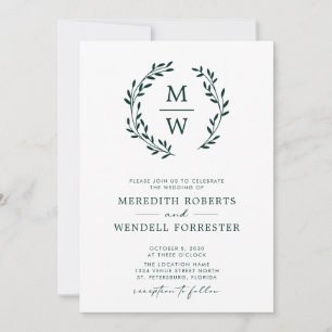 Invitation QR Code RSVP Emerald Green Monogram Mariage Wreath