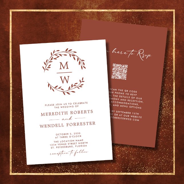 Invitation QR Code RSVP Terracotta Monogramme Mariage de cour (Terracotta Monogram Wreath QR Code RSVP Double Sided Wedding Invitation)