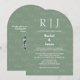 Invitation QR Code Sage Green Monogrammes feuille Motif Maria