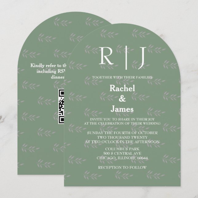 Invitation QR Code Sage Green Monogrammes feuille Motif Maria (Devant / Derrière)