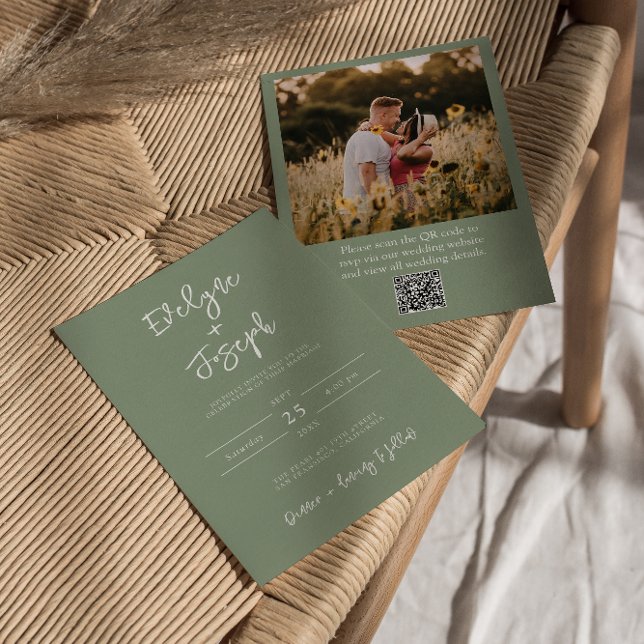 Invitation QR Code Sage Green Photo Boho Modern Mariage (Créateur téléchargé)