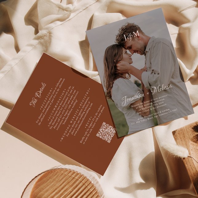 Invitation QR Code Terracotta Budget Monogram Overlay Mariage (Créateur téléchargé)