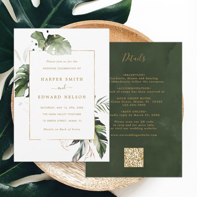 Invitation QR Code Tout en un Feuille Tropical Mariage Or (Créateur téléchargé)