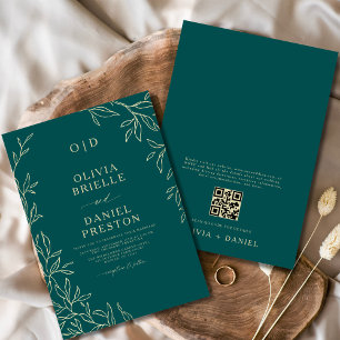 Invitation QR Code Turquoise vert et or minimal Mariage feuil