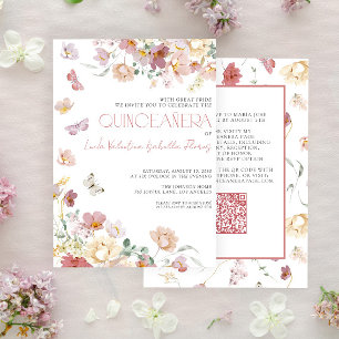 Invitation QR Elégant bleu rose papillon floral Quinceañera