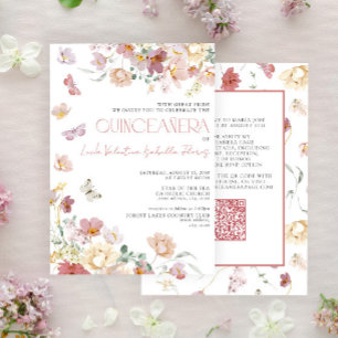 Invitation QR Elégant bleu rose papillon floral Quinceañera