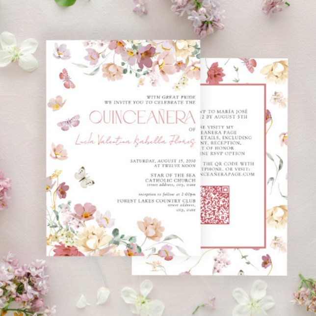 Invitation QR Elégant bleu rose papillon floral Quinceañera (Créateur téléchargé)