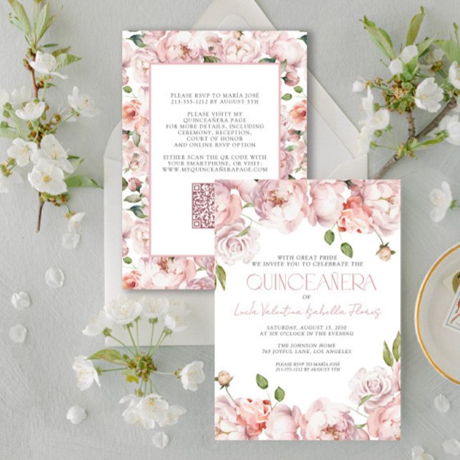 Invitation QR Elégante Quinceanera Florale Rose Bleu (Créateur téléchargé)