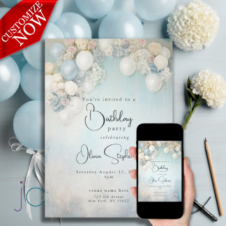 Invitation QR Fête d'anniversaire Ballons Floraux Bleus et Bl