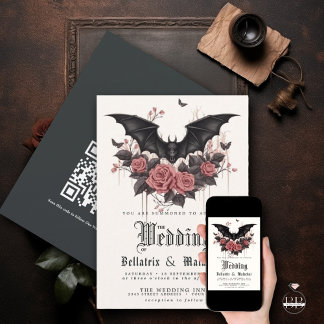 Invitation QR Goth Rosewood Bouquet de chauves-souris Roses n