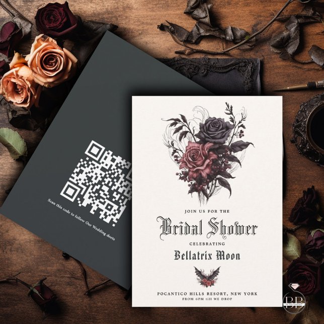 Invitation QR Goth Rosewood Rose noir Fête des mariées floral (Créateur téléchargé)