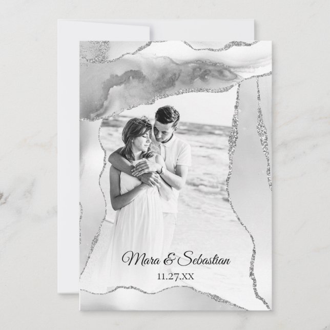 Invitation *~* QR PHOTO RSVP AR13 Mariage AGATE Argent (Devant)