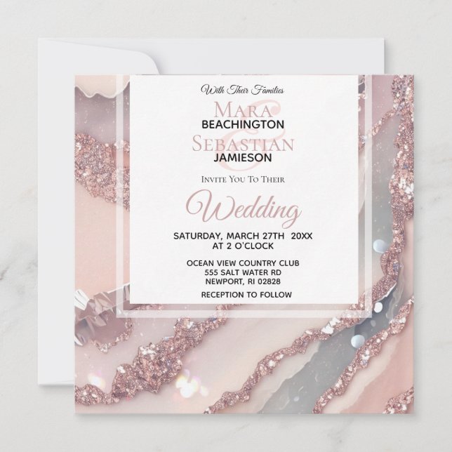 Invitation *~* QR Silver BLUSH PINK AGATE AR66 Mariage RSVP (Devant)