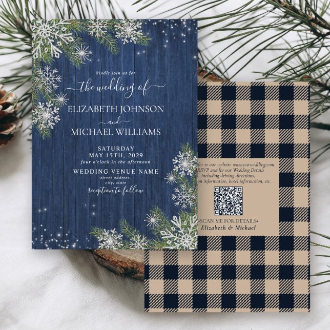 Invitation QRCode Bleu Argent hiverBois plaqué Mariage rustiq (Créateur téléchargé)