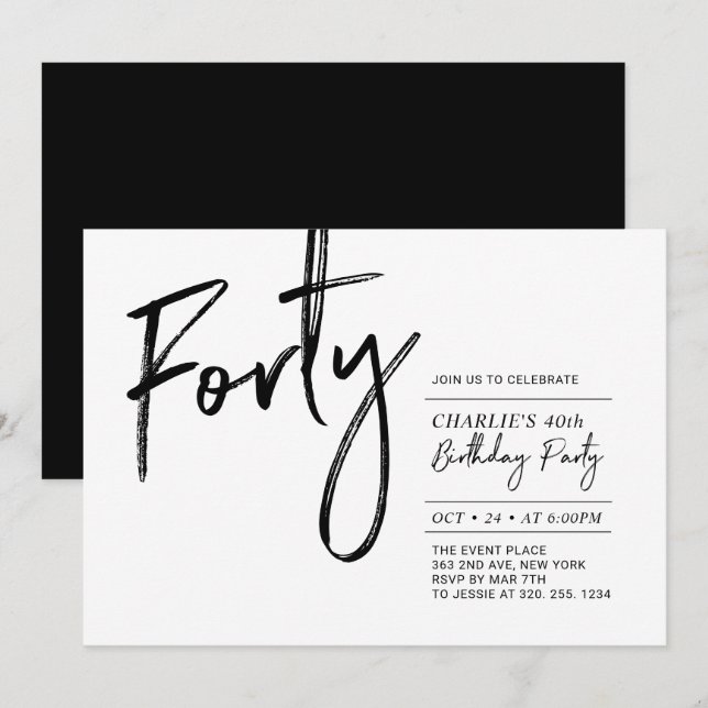 Invitation Quarante | Black & White Modern 40th Birthday Part (Devant / Derrière)