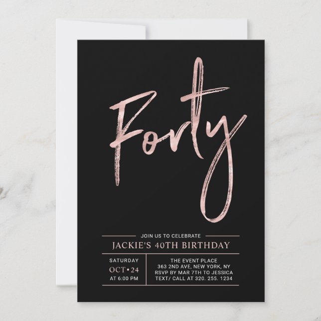 Invitation Quarante | Modern Brush Rose Gold 40th Birthday Pa (Devant)