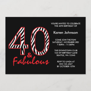 Invitation Quarantième anniversaire noir et rouge fabuleux de