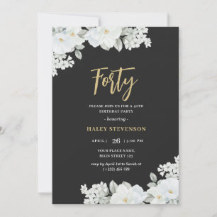 Invitation Quarantième Anniversaire Noir & Or Élégant Fleurs