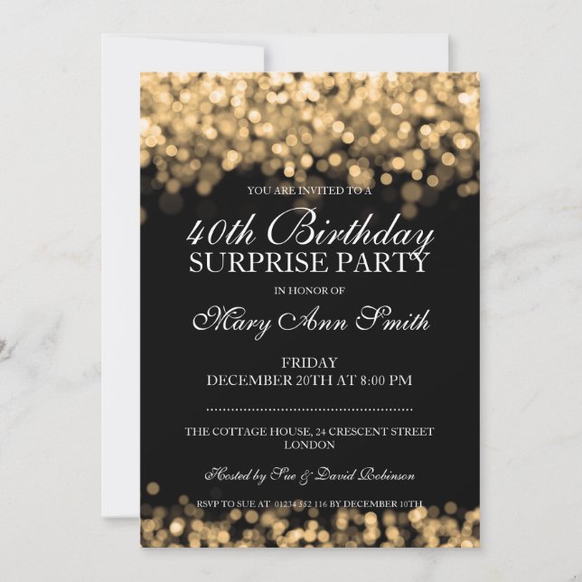 Invitation quarantième Lumières d'or de fête d'anniversaire (Devant)