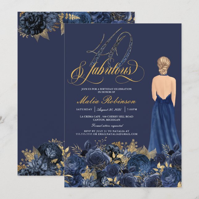 Invitation Quarty & Fabulous Sapphire Blue & Gold Anniversair (Devant / Derrière)