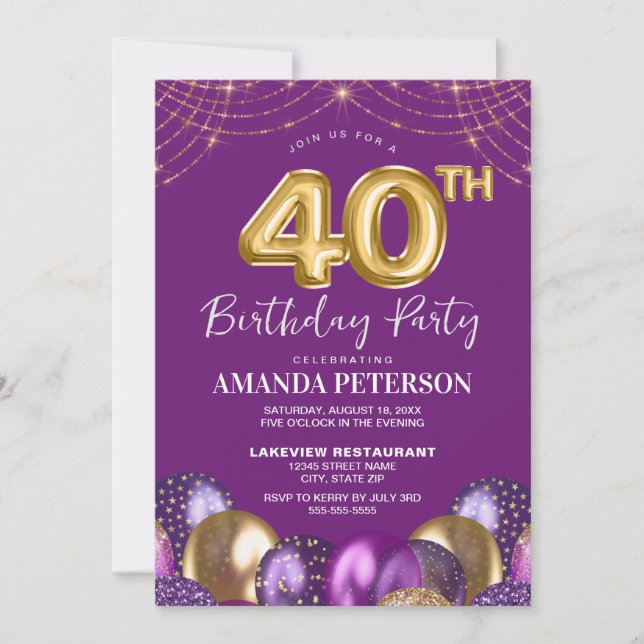 Invitation Quarty Gold Purple Balloons 40e fête d'anniversair (Devant)
