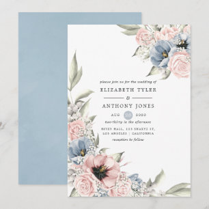 Invitation Quartz rose et Mariage Floral bleu Sérénité