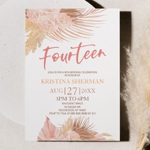Invitation Quatorze Boho Rose Floral 14e fête d'anniversaire